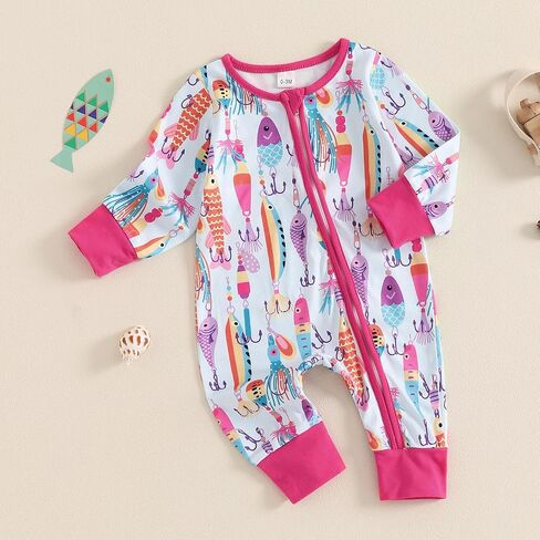 Newborn Baby Boy Girl Fishing Outfit Long Sleeve Zipper Fish Print Romper Jumpsuit Infant Coming Home Clothes in Saudi Arabia
