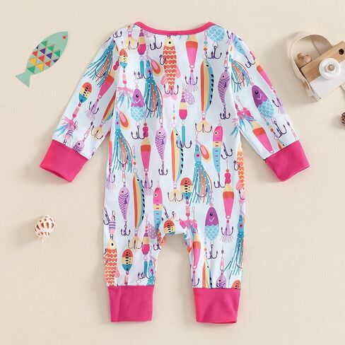 Newborn Baby Boy Girl Fishing Outfit Long Sleeve Zipper Fish Print Romper Jumpsuit Infant Coming Home Clothes in Saudi Arabia