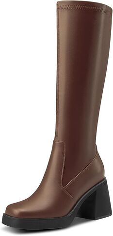 DearOnly Womens Fashion Gogo Boots Square Toe Chunky Block Heel Platform Knee High Boots Zipper Party Tall Boots 3.3 Inches Heels in Saudi Arabia