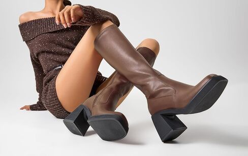 DearOnly Womens Fashion Gogo Boots Square Toe Chunky Block Heel Platform Knee High Boots Zipper Party Tall Boots 3.3 Inches Heels in Saudi Arabia