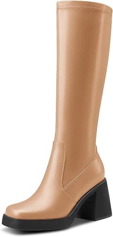DearOnly Womens Fashion Gogo Boots Square Toe Chunky Block Heel Platform Knee High Boots Zipper Party Tall Boots 3.3 Inches Heels in Saudi Arabia