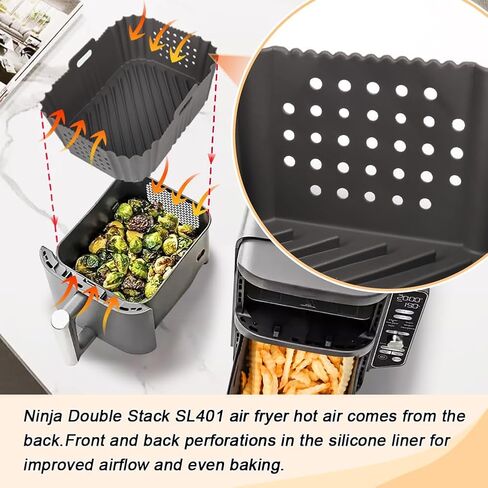 BYKITCHEN Silicone Air Fryer Liners for Ninja SL401 Double Stack 2 Basket Air Fryer, Reusable Rectangle Perforated Silicone Liners for Dual Air Fryer, Ninja DoubleStack XL Air Fryer Accessories in Kuwait