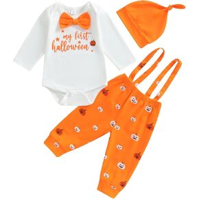 Newborn Baby Boy Halloween Outfit Letter Print Long Sleeve Gentleman Romper Suspender Pants Hat 3pcs Fall Clothes