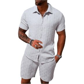 Men's 2 Piece Outfits Short Sleeve Button Down Shirts and Drawstring Shorts Set Summer Outfits