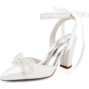Pearl High Block Heels Wedding Shoes for Bride with Bow Satin Bridal Shoes Women Chunky Slingback Heels Sandals Pumps