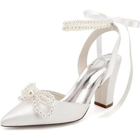 Pearl High Block Heels Wedding Shoes for Bride with Bow Satin Bridal Shoes Women Chunky Slingback Heels Sandals Pumps