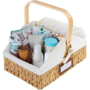 StorageWorks Wicker Diaper Caddy Organizer, Baby Diaper Caddy Basket with Liner, Handwoven Diaper Caddy for Car, Seagrass Baby Toy Basket with Handles, 1 Pack