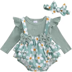 Madjtlqy الوليد طفلة الخريف الشتاء الزي ديزي رومبير فستان الكشكشة طويلة الأكمام الملابس بذلة مع القوس عقال in Kuwait