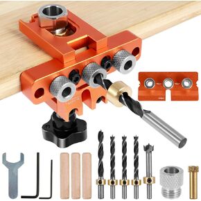 Dowel Jig Drill Kit, Self Centering Doweling Jig Kit, Aluminum Alloy 3 in 1 Drill Hole Guide Jig Precise Drilling Locator Puncher with 8/10/15mm Drill Bits Pocket Hole Jig for Woodworking
