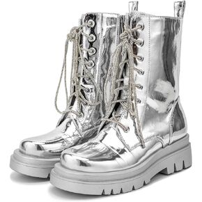 Women's Combat Boots Military Motorcycle Riding Silver Lace up Mid Calf Boots Buckle Zipper Platform Chunky Heel Metallic Leather Ankle Boots for Women