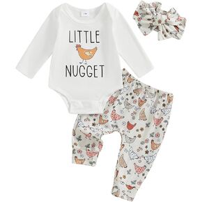 مجموعة ملابس المزرعة للفتيات حديثي الولادة مكونة من 3 قطع من رومبير بأكمام طويلة وسروال مع عصابة رأس ملابس خريفية in Kuwait