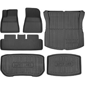 SUPER LINER Tesla Model 3 Floor Mats Complete Set Custom Fit 2021 2022 2023 All-Weather Cargo Liner Rear Cargo Tray Trunk Floor Mat Interior Accessories