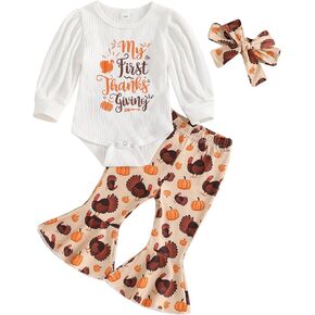 My First Thanksgiving Baby Girl Outfit Puff Long Sleeve Ribbed Knit Romper Pumpkin Turkey Flared Pants Headband Set