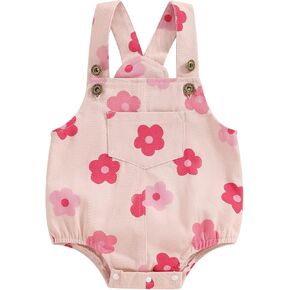 Infant Baby Girl Summer Clothes Floral Print Denim Overalls Romper Sleeveless Pocket Jumpsuit Bodysuit Casual Outfit