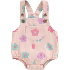 Infant Baby Girl Summer Clothes Floral Print Denim Overalls Romper Sleeveless Pocket Jumpsuit Bodysuit Casual Outfit