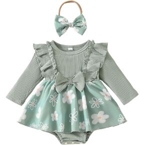 Thorn Tree Newborn Baby Girls Floral Romper Dresses Ruffle Knitted Long Sleeve Bow Infront Jumpsuit Headband Fall Outfits