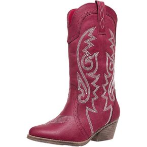 Cowboy Boots for Women Cowgirl Mid Calf Western Pointy Toe Boots Embroidered Stitched Chunky Heel Red Brown US5-11