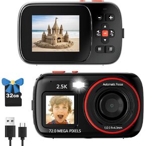 Digital Camera, Dual Screen, 72MP FHD 1080P Camera for Kids, Autofocus Digital Camera with 16X Zoom, Kids Camera with 32GB Card, Camera for Kids Teens Boys Girls, Fill Light (White)