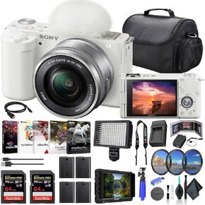 Sony ZV-E10 Mirrorless Camera with 16-50mm Lens White ILCZV-E10L/W, 4K Monitor, 2 x 64GB Memory Card, Filter Kit, LED Light, External Charger, 3 x NPF-W50 Battery, Card Reader, and More