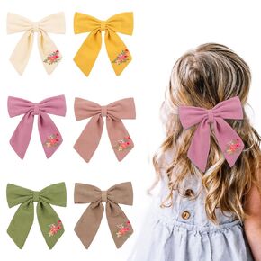 Baby Girl Embroidery Flower Plain Bows Hair Clips,5.0 Inch 6PACK Fabric Cotton Linen Handmade Hair Accessories for Little Girls Toddler Kids Children (Style-A)