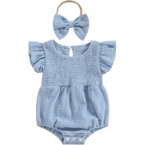 Newborn Baby Girl Bubble Romper Ruffle Sleeve Smocked Jumpsuit with Headband Cute Infant Summer Clothes 0 3 6 12 18 Months