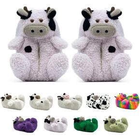 Fuzzy Cow Slippers for Women and Men, Cute Cozy Cartoon Animals Slippers Fluffy Plush House Slippers Preppy Funny Indoor Outdoor Shoes