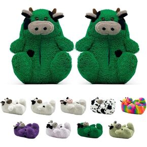 Fuzzy Cow Slippers for Women and Men, Cute Cozy Cartoon Animals Slippers Fluffy Plush House Slippers Preppy Funny Indoor Outdoor Shoes