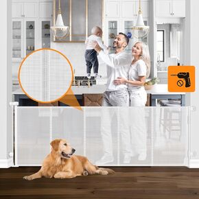 Reinforced No Drill 100" Wide Retractable Baby Gates No Drilling Retractable Dog Gates for Doorways Extra Wide No Drill Baby Gate with Support Bars Extra Long Baby Gate Retractable Pet Gates for Dogs