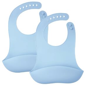 Mombella Silicone Bibs For Babies 6-12 Months, Set of 2 Waterproof Adjustable Baby Bibs For Eating, Flexible Toddler Bibs With Food Catcher For Boys Girls, Washable Baby Feeding Esentails, Blue+Brown