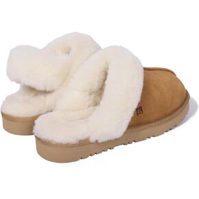 Mel&Syd 100% Australia Sheepskin Women Slipper With Two Ways Wearing Hook On Elastic Ankle Fur Strap Water Repellent Genuine Suede Shearling Soft EVA Outsole for Indoor Outdoor Warm Fuzzy Wool Slipper