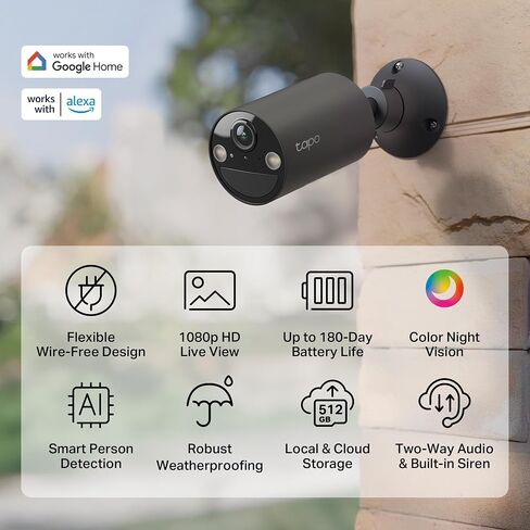 Tapo by TP-Link Wireless Outdoor Security Camera, 1080P, Up to 180 Days Battery Life, Free Person Detection, SD/Cloud Storage, Spotlight Color Night Vision, Alarm, No Hub Needed, Black, C403 in Saudi Arabia