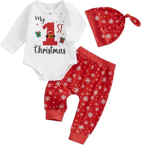 Lamuusaa Newborn Baby Girl Boy Christmas Outfit Long Sleeve Christmas Romper Xmas Cartoon Long Pants Hat 3Pcs Clothes Set in Saudi Arabia