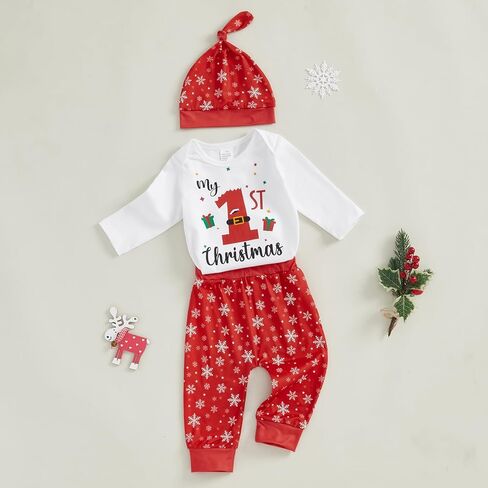 Lamuusaa Newborn Baby Girl Boy Christmas Outfit Long Sleeve Christmas Romper Xmas Cartoon Long Pants Hat 3Pcs Clothes Set in Saudi Arabia