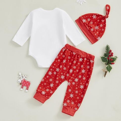 Lamuusaa Newborn Baby Girl Boy Christmas Outfit Long Sleeve Christmas Romper Xmas Cartoon Long Pants Hat 3Pcs Clothes Set in Saudi Arabia