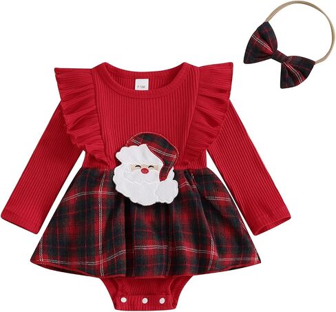 Infant Baby Girl Christmas Outfit Ruffle Plaid Romper Dress Newborn Girl Long Sleeve Santa/Reindeer Onesie + Bow in Saudi Arabia