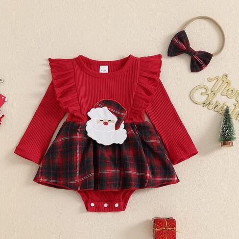 Infant Baby Girl Christmas Outfit Ruffle Plaid Romper Dress Newborn Girl Long Sleeve Santa/Reindeer Onesie + Bow in Saudi Arabia