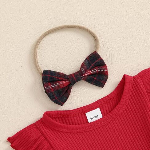 Infant Baby Girl Christmas Outfit Ruffle Plaid Romper Dress Newborn Girl Long Sleeve Santa/Reindeer Onesie + Bow in Saudi Arabia