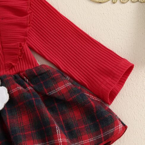 Infant Baby Girl Christmas Outfit Ruffle Plaid Romper Dress Newborn Girl Long Sleeve Santa/Reindeer Onesie + Bow in Saudi Arabia