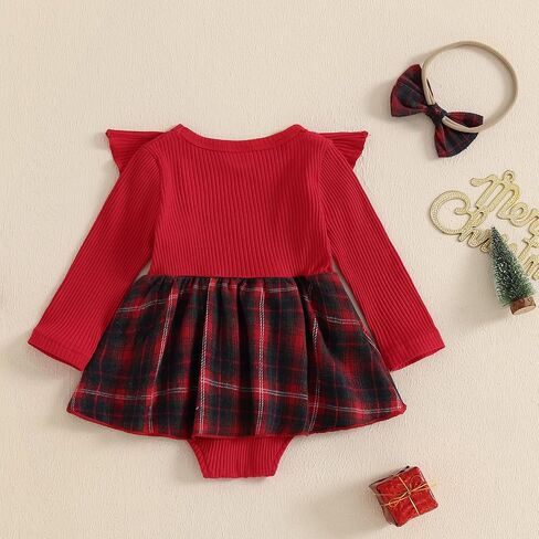 Infant Baby Girl Christmas Outfit Ruffle Plaid Romper Dress Newborn Girl Long Sleeve Santa/Reindeer Onesie + Bow in Saudi Arabia