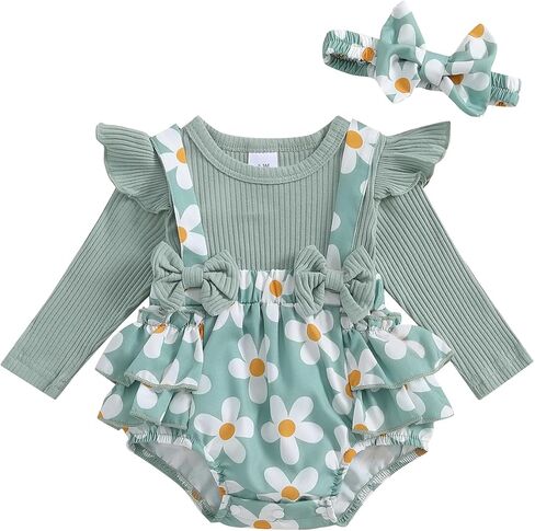 Madjtlqy الوليد طفلة الخريف الشتاء الزي ديزي رومبير فستان الكشكشة طويلة الأكمام الملابس بذلة مع القوس عقال in Kuwait