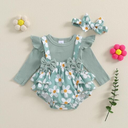 Madjtlqy الوليد طفلة الخريف الشتاء الزي ديزي رومبير فستان الكشكشة طويلة الأكمام الملابس بذلة مع القوس عقال in Kuwait