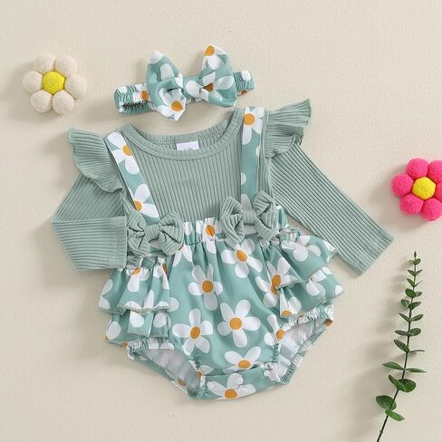 Madjtlqy الوليد طفلة الخريف الشتاء الزي ديزي رومبير فستان الكشكشة طويلة الأكمام الملابس بذلة مع القوس عقال in Kuwait