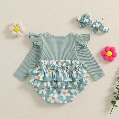 Madjtlqy الوليد طفلة الخريف الشتاء الزي ديزي رومبير فستان الكشكشة طويلة الأكمام الملابس بذلة مع القوس عقال in Kuwait