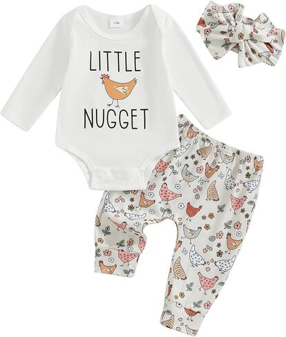 مجموعة ملابس المزرعة للفتيات حديثي الولادة مكونة من 3 قطع من رومبير بأكمام طويلة وسروال مع عصابة رأس ملابس خريفية in Kuwait