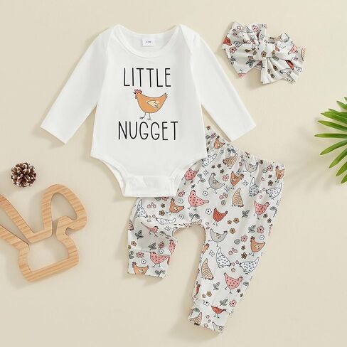 مجموعة ملابس المزرعة للفتيات حديثي الولادة مكونة من 3 قطع من رومبير بأكمام طويلة وسروال مع عصابة رأس ملابس خريفية in Kuwait