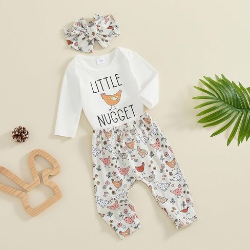 مجموعة ملابس المزرعة للفتيات حديثي الولادة مكونة من 3 قطع من رومبير بأكمام طويلة وسروال مع عصابة رأس ملابس خريفية in Kuwait