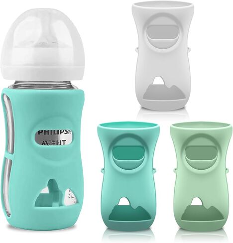 Silicone Avent Glass Bottle Sleeve, Anti Breakage & Scratch-Proof, Protect Philips Avent Glass Bottles, Food-Grade Silicone, BPA Free, 4 oz Baby Bottle Holder (White+Blue+Green) in Saudi Arabia