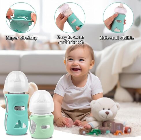 Silicone Avent Glass Bottle Sleeve, Anti Breakage & Scratch-Proof, Protect Philips Avent Glass Bottles, Food-Grade Silicone, BPA Free, 4 oz Baby Bottle Holder (White+Blue+Green) in Saudi Arabia