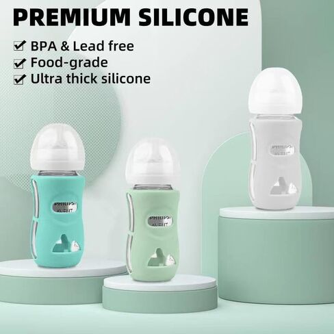 Silicone Avent Glass Bottle Sleeve, Anti Breakage & Scratch-Proof, Protect Philips Avent Glass Bottles, Food-Grade Silicone, BPA Free, 4 oz Baby Bottle Holder (White+Blue+Green) in Saudi Arabia