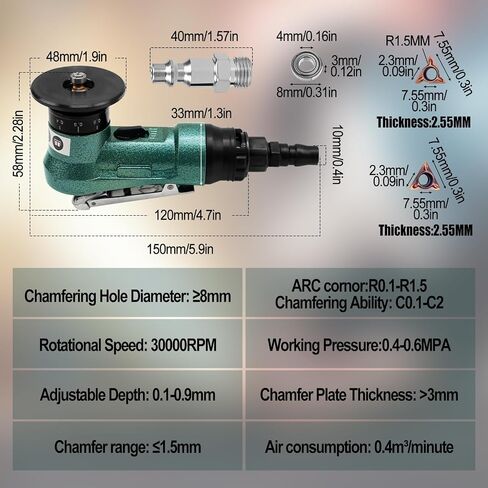 2 in 1 Mini Pneumatic Chamfering Machine, Handheld Air Chamfer Tool, 45° Arc Corner Beveling Trimming Deburring Machine, 30000RPM Chamfering Tool with 1/4 Inch Air Inlet (C&R Angle Blades,Green) in Kuwait